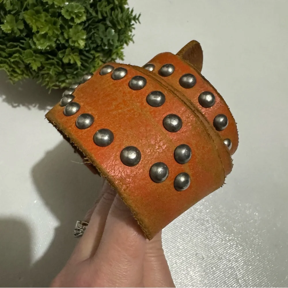 Vintage Texas Belt Buckle Genuine Leather Orange Studded Western Belt Mens Small